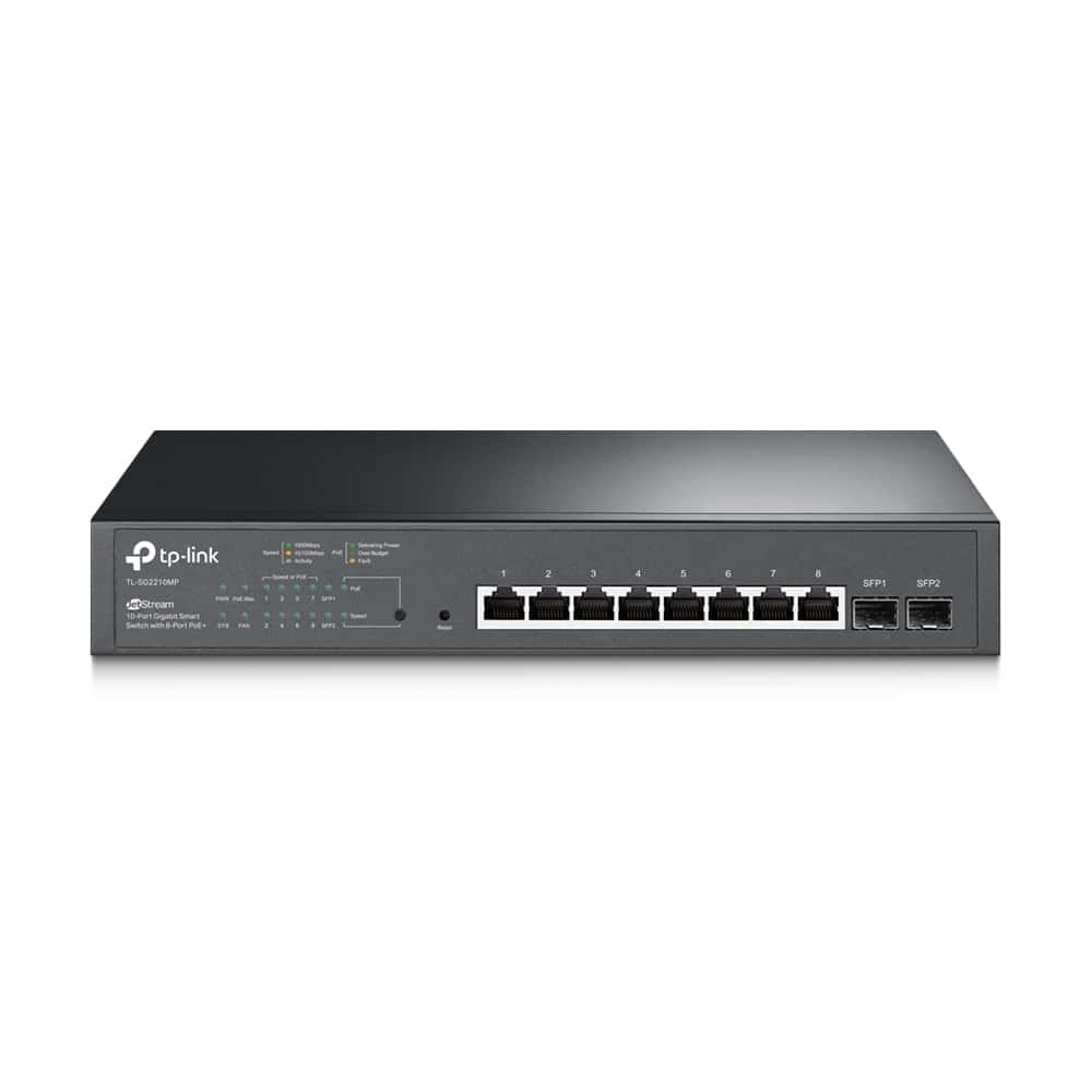 TL-SG2210MP JetStream 10-Port Gigabit Smart Switch with 8-Port PoE+ 150 W PoE Budget: 8× 802.3at/af-compliant PoE+ ports with a total power supply of 150 W*. Full Gigabit Ports: 8× gigabit PoE+ ports and 2× gigabit SFP Slots provide high-speed connections. Integrated into Omada SDN: Zero-Touch Provisioning (ZTP)**, Centralized Cloud Management, and Intelligent Monitoring. Centralized Management: Cloud access and Omada app for ultra convenience and easy management. Robust Security Strategies: IP-MAC-Port Binding, ACL, Port Security, DoS Defend, Storm Control, DHCP Snooping, 802.1X, Radius Authentication, and more. Optimize Voice and Video Applications: L2/L3/L4 QoS and IGMP snooping.