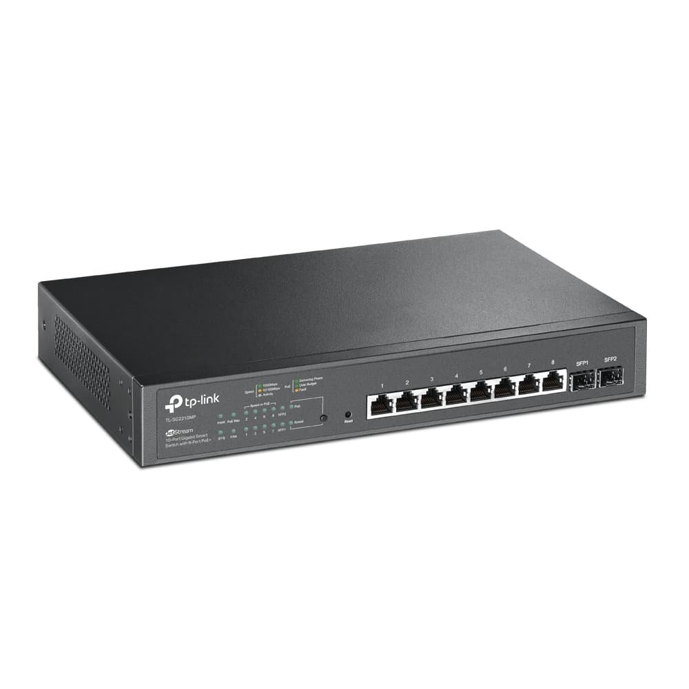 TL-SG2210MP JetStream 10-Port Gigabit Smart Switch with 8-Port PoE+ 150 W PoE Budget: 8× 802.3at/af-compliant PoE+ ports with a total power supply of 150 W*. Full Gigabit Ports: 8× gigabit PoE+ ports and 2× gigabit SFP Slots provide high-speed connections. Integrated into Omada SDN: Zero-Touch Provisioning (ZTP)**, Centralized Cloud Management, and Intelligent Monitoring. Centralized Management: Cloud access and Omada app for ultra convenience and easy management. Robust Security Strategies: IP-MAC-Port Binding, ACL, Port Security, DoS Defend, Storm Control, DHCP Snooping, 802.1X, Radius Authentication, and more. Optimize Voice and Video Applications: L2/L3/L4 QoS and IGMP snooping.