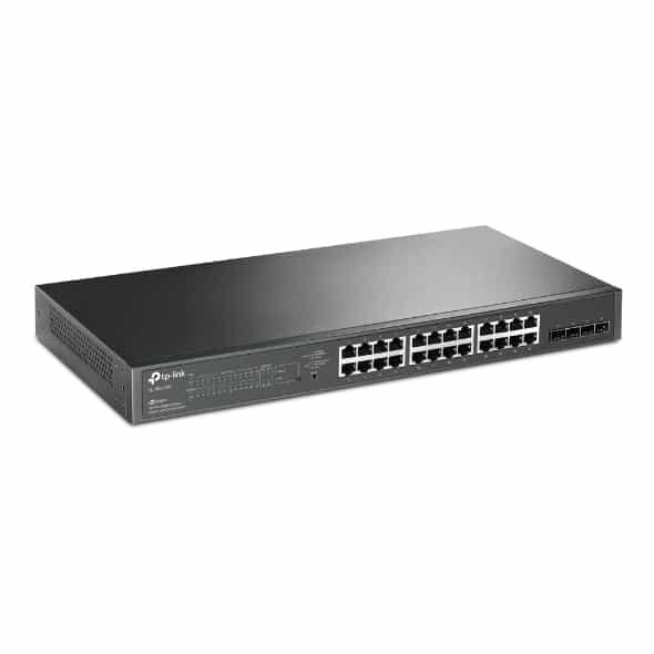 JetStream 28-Port Gigabit Smart Switch with 24-Port PoE+ 250 W PoE Budget: 24× 802.3at/af-compliant PoE+ ports with a total power supply of 250 W*. Full Gigabit Ports: 24× gigabit PoE+ ports and 4× gigabit SFP Slots provide high-speed connections. Integrated into Omada SDN: Centralized Cloud Management, and Intelligent Monitoring. Centralized Management: Cloud access and Omada app for ultra convenience and easy management. Static Routing: Helps route internal traffic for more efficient use of network resources. Robust Security Strategies: IP-MAC-Port Binding, ACL, Port Security, DoS Defend, Storm control, DHCP Snooping, 802.1X, Radius Authentication, and more. Optimize Voice and Video Applications: L2/L3/L4 QoS and IGMP snooping. IPv6: IPv6 support with dual IPv4/IPv6 stack, MLD snooping, IPv6 neighbor discovery.