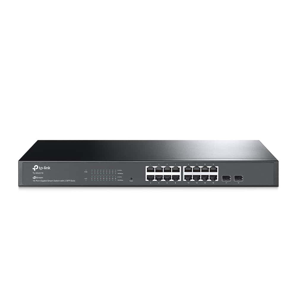 TL-SG2218 JetStream 16-Port Gigabit Smart Switch with 2 SFP Slots Full Gigabit Ports: 16× gigabit RJ45 ports and 2× gigabit SFP Slots provide high-speed connections. Integrated into Omada SDN: Zero-Touch Provisioning (ZTP)*, Centralized Cloud Management, and Intelligent Monitoring. Centralized Management: Cloud access and Omada app for ultra convenience and easy management. Static Routing: Helps route internal traffic for more efficient use of network resources. Robust Security Strategies: IP-MAC-Port Binding, ACL, Port Security, DoS Defend, Storm control, DHCP Snooping, 802.1X, Radius Authentication, and more. Optimize Voice and Video Applications: L2/L3/L4 QoS and IGMP snooping. Standalone Management: Web, CLI (Telnet, SSH), SNMP, RMON, and Dual Image bring powerful management capabilities