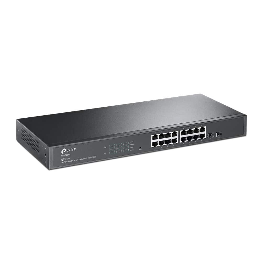 TL-SG2218 JetStream 16-Port Gigabit Smart Switch with 2 SFP Slots Full Gigabit Ports: 16× gigabit RJ45 ports and 2× gigabit SFP Slots provide high-speed connections. Integrated into Omada SDN: Zero-Touch Provisioning (ZTP)*, Centralized Cloud Management, and Intelligent Monitoring. Centralized Management: Cloud access and Omada app for ultra convenience and easy management. Static Routing: Helps route internal traffic for more efficient use of network resources. Robust Security Strategies: IP-MAC-Port Binding, ACL, Port Security, DoS Defend, Storm control, DHCP Snooping, 802.1X, Radius Authentication, and more. Optimize Voice and Video Applications: L2/L3/L4 QoS and IGMP snooping. Standalone Management: Web, CLI (Telnet, SSH), SNMP, RMON, and Dual Image bring powerful management capabilities