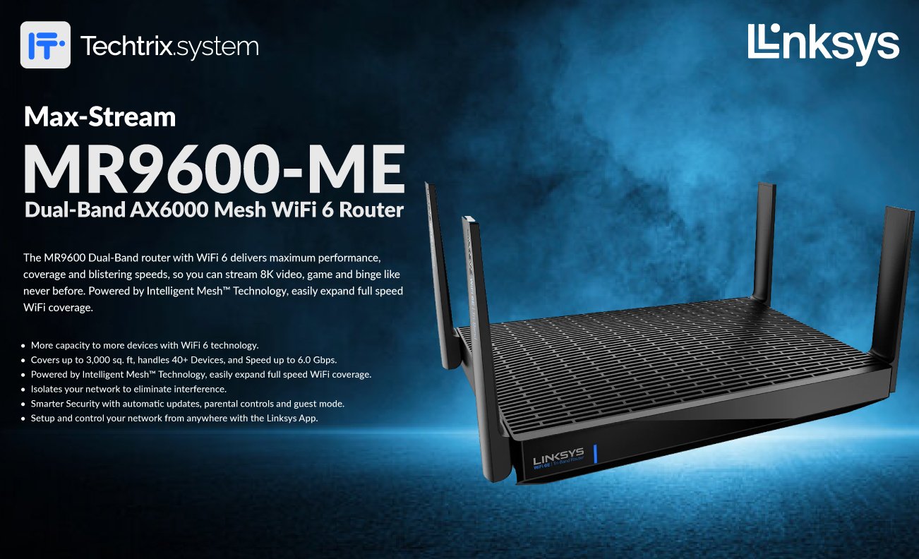 Title: Unleashing Next-Level Connectivity: Linksys MR9600-ME Dual-Band AX6000 Mesh WiFi 6 Router Introduction: In the fast-paced digital era, a robust and high-performance WiFi router is essential for seamless connectivity. Enter the Linksys MR9600-ME Dual-Band AX6000 Mesh WiFi 6 Router, a cutting-edge solution designed to elevate your home or office network experience. As an authorized Linksys distributor in Pakistan, we are proud to bring you the latest in wireless technology, ensuring unparalleled speed, reliability, and coverage. Key Features: Next-Gen Connectivity with WiFi 6: The MR9600-ME supports the latest WiFi 6 standard, delivering lightning-fast speeds and improved efficiency. Experience smoother streaming, lag-free gaming, and faster downloads, all thanks to this advanced technology. Dual-Band Simultaneous Connection: Benefit from dual-band connectivity, allowing the router to operate on both 2.4GHz and 5GHz frequencies simultaneously. This ensures optimal performance for a wide range of devices, providing a lag-free experience for all your connected devices. AX6000 Speed for Intensive Tasks: With AX6000 speed, the MR9600-ME is well-equipped to handle bandwidth-intensive tasks. Whether it's 4K streaming, online gaming, or video conferencing, this router delivers the speed and reliability you need. Intelligent Mesh Technology: Create a seamless WiFi experience throughout your home or office with Linksys' Mesh Technology. Eliminate dead zones and ensure uniform coverage, allowing you to move freely without losing connection quality. Smart Security Features: Protect your network with advanced security features, including WPA3 encryption and a robust firewall. Enjoy peace of mind knowing your data is secure and your network is guarded against potential threats. Linksys Distributor in Pakistan: As the leading Linksys distributor in Pakistan, we are committed to providing our customers with access to the latest and most innovative networking solutions. The MR9600-ME is a testament to Linksys' dedication to pushing the boundaries of what is possible in the realm of wireless technology. === Linksys Distributor in Karachi and Lahore: For those in Karachi and Lahore seeking the Linksys MR9600-ME, look no further. As a trusted Linksys distributor, we ensure that you can experience the power of this exceptional router firsthand. Say goodbye to connectivity issues and welcome a new era of fast, reliable, and seamless internet with the MR9600-ME. Conclusion: In conclusion, the Linksys MR9600-ME Dual-Band AX6000 Mesh WiFi 6 Router stands as a beacon of innovation in the world of networking. As your go-to Linksys distributor in Pakistan, we invite you to explore the possibilities this advanced router brings to your digital lifestyle. Elevate your connectivity experience today with the MR9600-ME – the future of wireless networking is here.